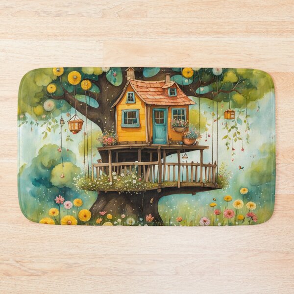 Item preview, The Hideout Cute Fantasy Wooden Tree House in the Meadow With Spring Flowers and Dandelions Garden - Whimsical Illustration designed and sold by MyArt23.