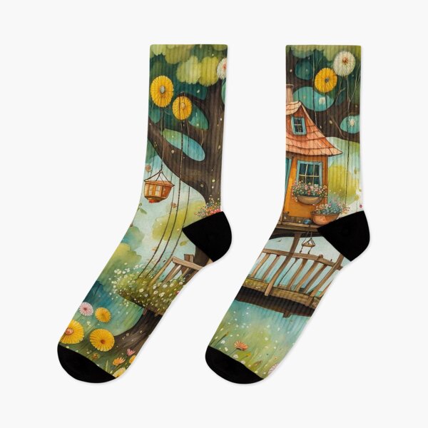 Item preview, The Hideout Cute Fantasy Wooden Tree House in the Meadow With Spring Flowers and Dandelions Garden - Whimsical Illustration designed and sold by MyArt23.