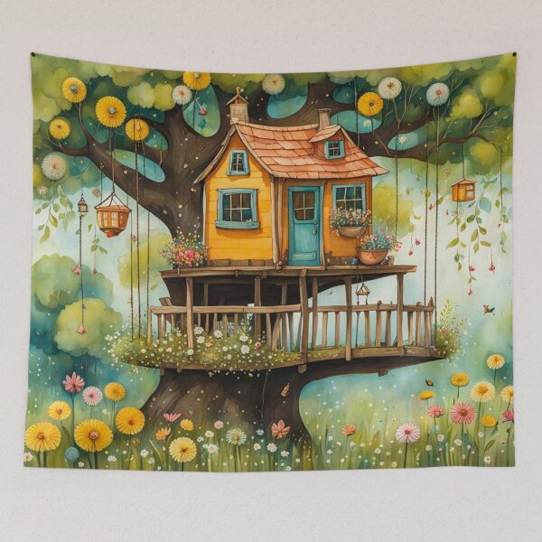 Item preview, The Hideout Cute Fantasy Wooden Tree House in the Meadow With Spring Flowers and Dandelions Garden - Whimsical Illustration designed and sold by MyArt23.