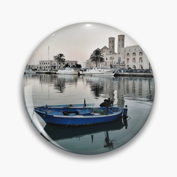 Item preview, Blue Fishing Boat at Anchor: Molfetta's Majestic Cathedral designed and sold by EpicVistas.