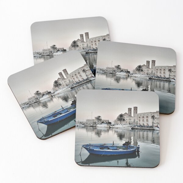 Item preview, Blue Fishing Boat at Anchor: Molfetta's Majestic Cathedral designed and sold by EpicVistas.