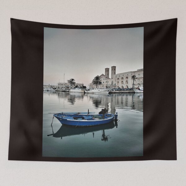 Item preview, Blue Fishing Boat at Anchor: Molfetta's Majestic Cathedral designed and sold by EpicVistas.