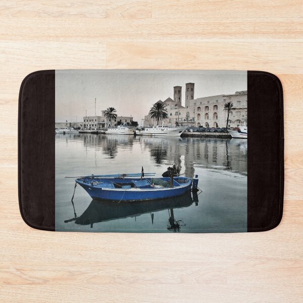 Item preview, Blue Fishing Boat at Anchor: Molfetta's Majestic Cathedral designed and sold by EpicVistas.