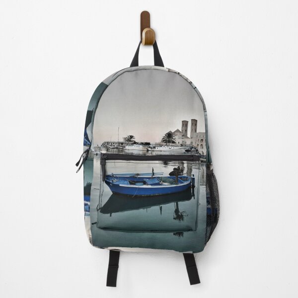 Item preview, Blue Fishing Boat at Anchor: Molfetta's Majestic Cathedral designed and sold by EpicVistas.