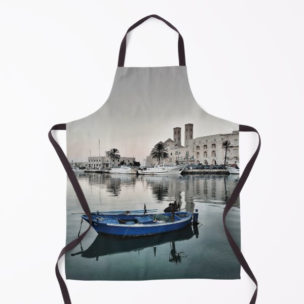 Item preview, Blue Fishing Boat at Anchor: Molfetta's Majestic Cathedral designed and sold by EpicVistas.