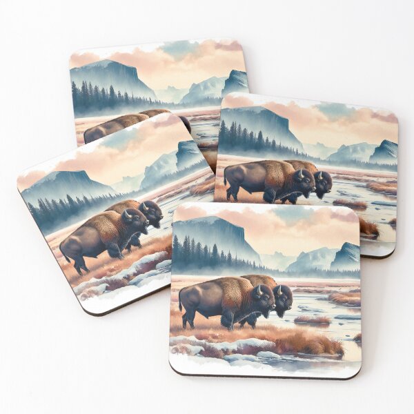 Item preview, Bison Grazing in Serene Mountainous Waterscape View designed and sold by ArtComixHaven.