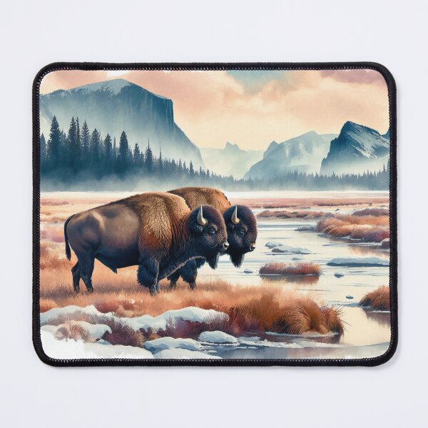 Item preview, Bison Grazing in Serene Mountainous Waterscape View designed and sold by ArtComixHaven.