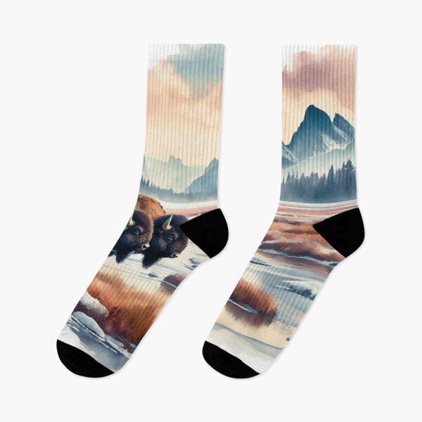 Item preview, Bison Grazing in Serene Mountainous Waterscape View designed and sold by ArtComixHaven.