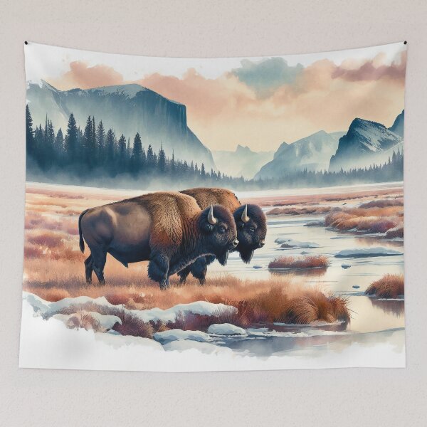 Item preview, Bison Grazing in Serene Mountainous Waterscape View designed and sold by ArtComixHaven.