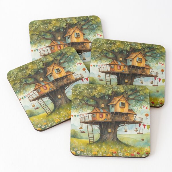 Item preview, The Hideout Cute Fantasy Multi-Story Wooden Tree House in the Meadow With Spring Flowers and Dandelions Garden - Whimsical Illustration designed and sold by MyArt23.