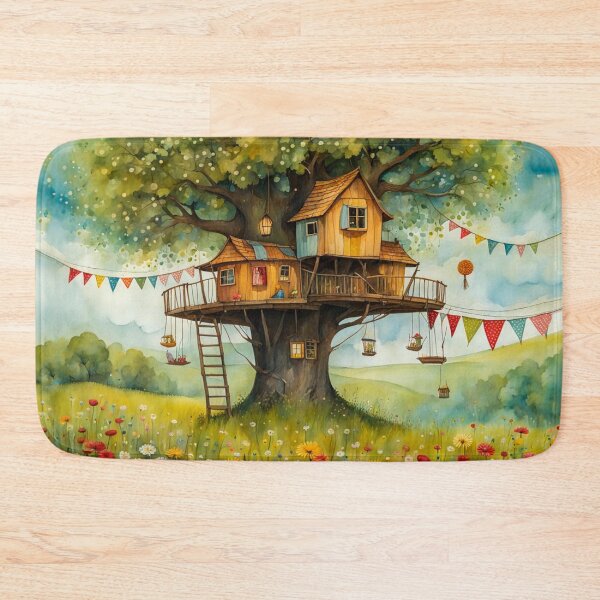 Item preview, The Hideout Cute Fantasy Multi-Story Wooden Tree House in the Meadow With Spring Flowers and Dandelions Garden - Whimsical Illustration designed and sold by MyArt23.