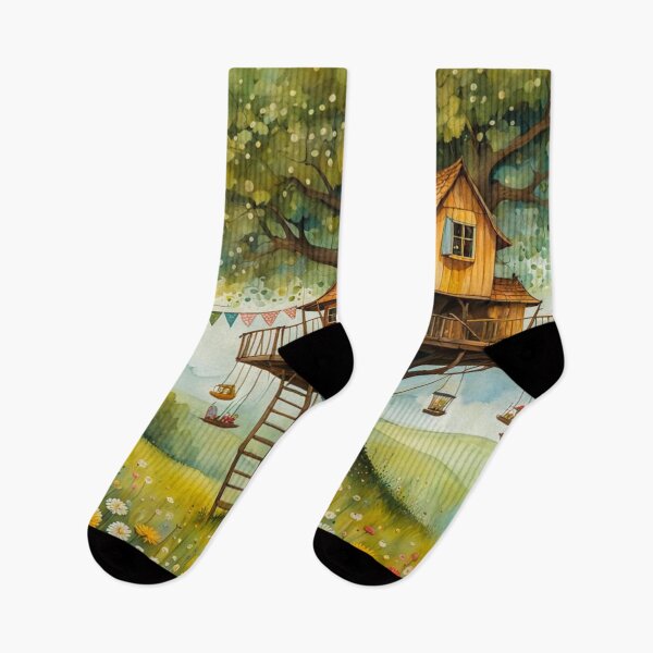 Item preview, The Hideout Cute Fantasy Multi-Story Wooden Tree House in the Meadow With Spring Flowers and Dandelions Garden - Whimsical Illustration designed and sold by MyArt23.