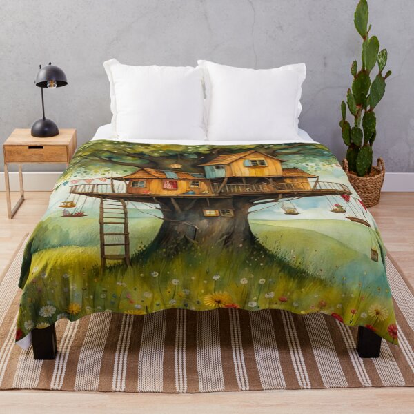 Item preview, The Hideout Cute Fantasy Multi-Story Wooden Tree House in the Meadow With Spring Flowers and Dandelions Garden - Whimsical Illustration designed and sold by MyArt23.