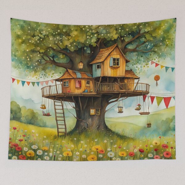 Item preview, The Hideout Cute Fantasy Multi-Story Wooden Tree House in the Meadow With Spring Flowers and Dandelions Garden - Whimsical Illustration designed and sold by MyArt23.