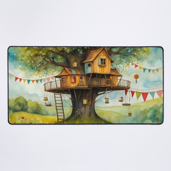 Item preview, The Hideout Cute Fantasy Multi-Story Wooden Tree House in the Meadow With Spring Flowers and Dandelions Garden - Whimsical Illustration designed and sold by MyArt23.