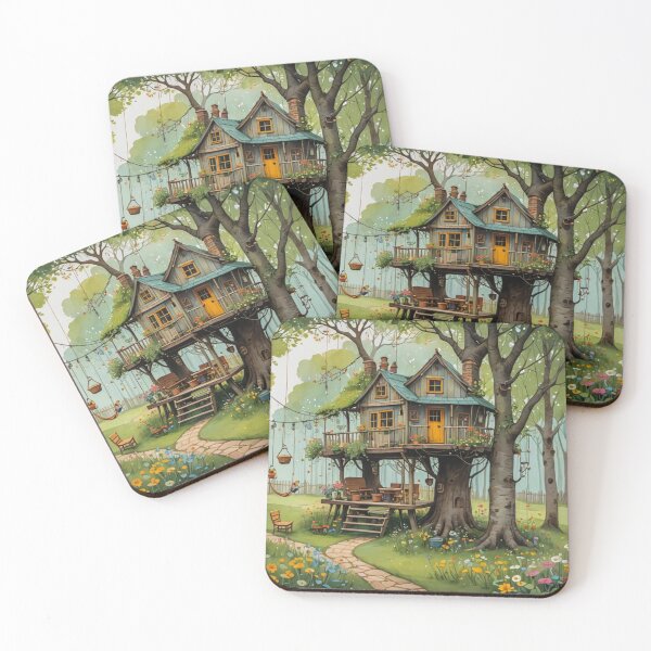 Item preview, The Hideout Cute Fantasy Wooden Tree House in the Meadow With Spring Flowers and Dandelions Garden - Whimsical Illustration designed and sold by MyArt23.