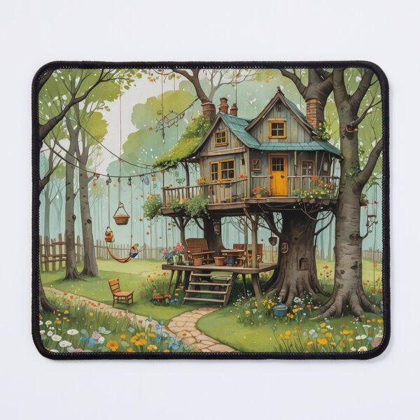 Item preview, The Hideout Cute Fantasy Wooden Tree House in the Meadow With Spring Flowers and Dandelions Garden - Whimsical Illustration designed and sold by MyArt23.