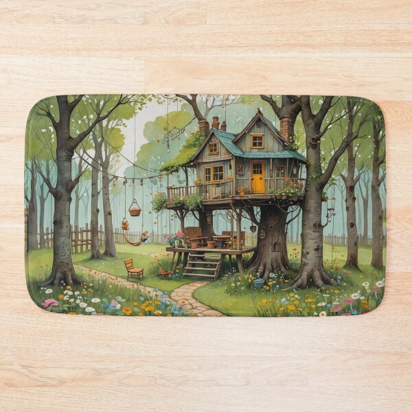 Item preview, The Hideout Cute Fantasy Wooden Tree House in the Meadow With Spring Flowers and Dandelions Garden - Whimsical Illustration designed and sold by MyArt23.