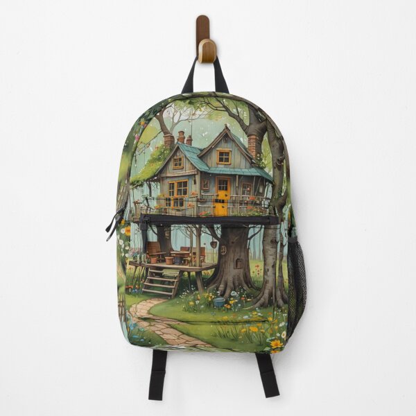 Item preview, The Hideout Cute Fantasy Wooden Tree House in the Meadow With Spring Flowers and Dandelions Garden - Whimsical Illustration designed and sold by MyArt23.