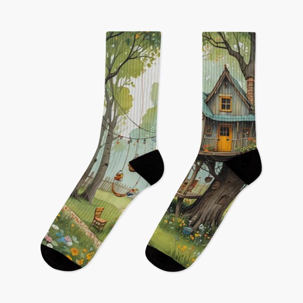 Item preview, The Hideout Cute Fantasy Wooden Tree House in the Meadow With Spring Flowers and Dandelions Garden - Whimsical Illustration designed and sold by MyArt23.