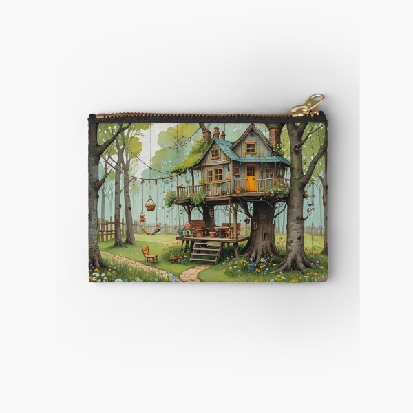 Item preview, The Hideout Cute Fantasy Wooden Tree House in the Meadow With Spring Flowers and Dandelions Garden - Whimsical Illustration designed and sold by MyArt23.