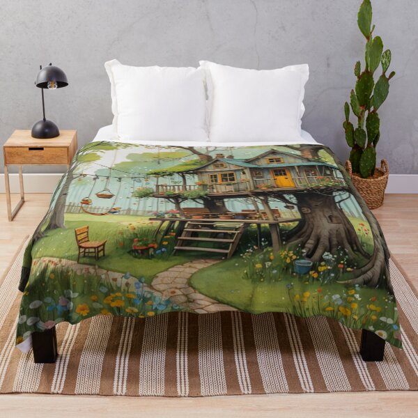 Item preview, The Hideout Cute Fantasy Wooden Tree House in the Meadow With Spring Flowers and Dandelions Garden - Whimsical Illustration designed and sold by MyArt23.