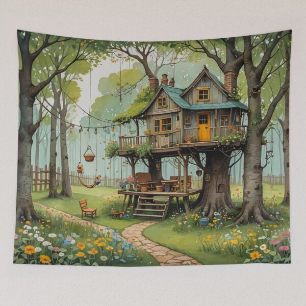 Item preview, The Hideout Cute Fantasy Wooden Tree House in the Meadow With Spring Flowers and Dandelions Garden - Whimsical Illustration designed and sold by MyArt23.