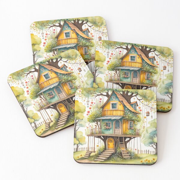 Item preview, The Hideout Cute Fantasy Multi-Story Wooden Tree House in the Meadow With Spring Flowers and Dandelions Garden - Whimsical Illustration designed and sold by MyArt23.