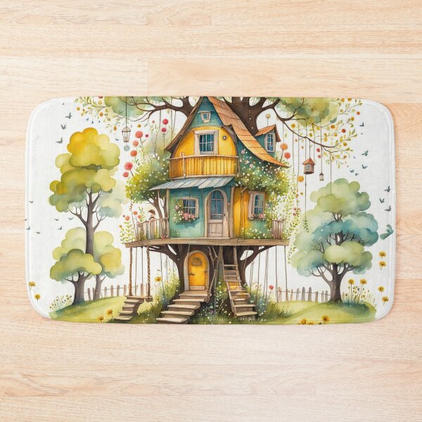 Item preview, The Hideout Cute Fantasy Multi-Story Wooden Tree House in the Meadow With Spring Flowers and Dandelions Garden - Whimsical Illustration designed and sold by MyArt23.