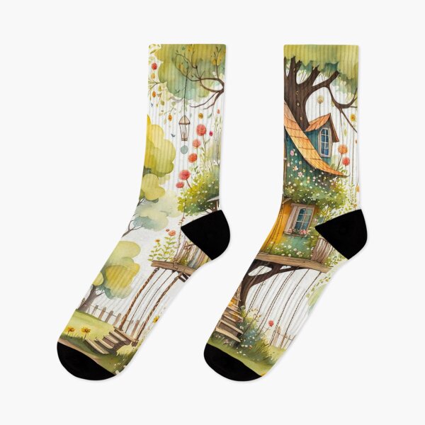 Item preview, The Hideout Cute Fantasy Multi-Story Wooden Tree House in the Meadow With Spring Flowers and Dandelions Garden - Whimsical Illustration designed and sold by MyArt23.