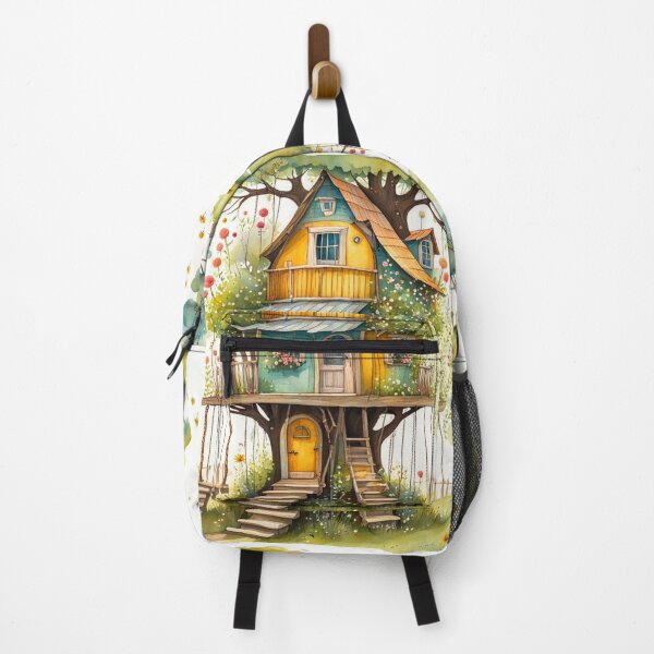 Item preview, The Hideout Cute Fantasy Multi-Story Wooden Tree House in the Meadow With Spring Flowers and Dandelions Garden - Whimsical Illustration designed and sold by MyArt23.