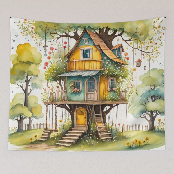 Item preview, The Hideout Cute Fantasy Multi-Story Wooden Tree House in the Meadow With Spring Flowers and Dandelions Garden - Whimsical Illustration designed and sold by MyArt23.