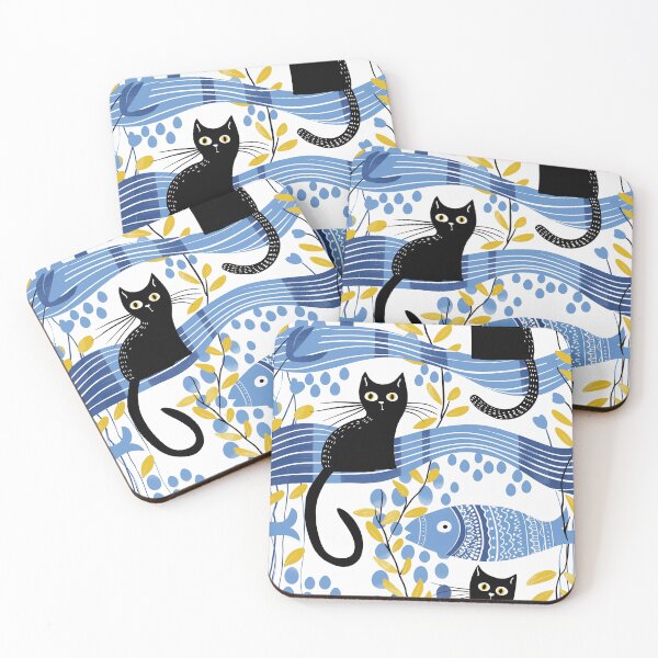 Item preview, Cat and fish Pattern, animal Pattern, black cat pattern, fish, water, wave, designed and sold by Nordic Ch.