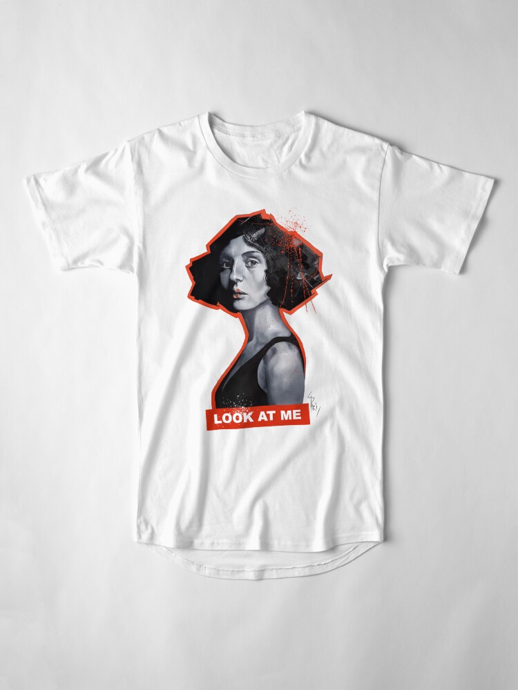 Aperçu 4 sur 5. T-shirt long avec l'œuvre Visage de femme à la peinture - Look at me créée et vendue par Aldarane.