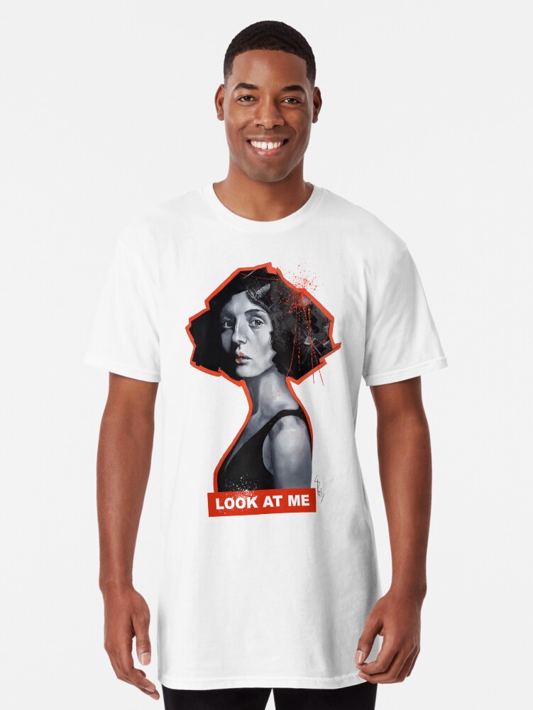 Aperçu 1 sur 5. T-shirt long avec l'œuvre Visage de femme à la peinture - Look at me créée et vendue par Aldarane.