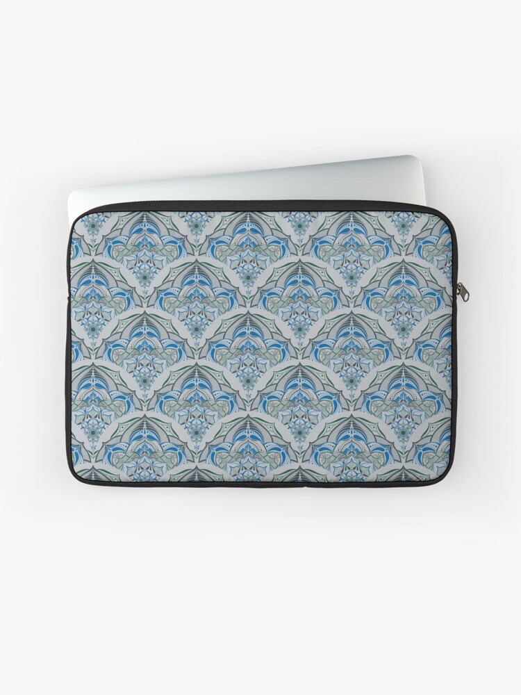 Laptop Sleeve, Ultra Steady Mandala Grey Art Deco Scallop designed and sold by Triplicate Limited