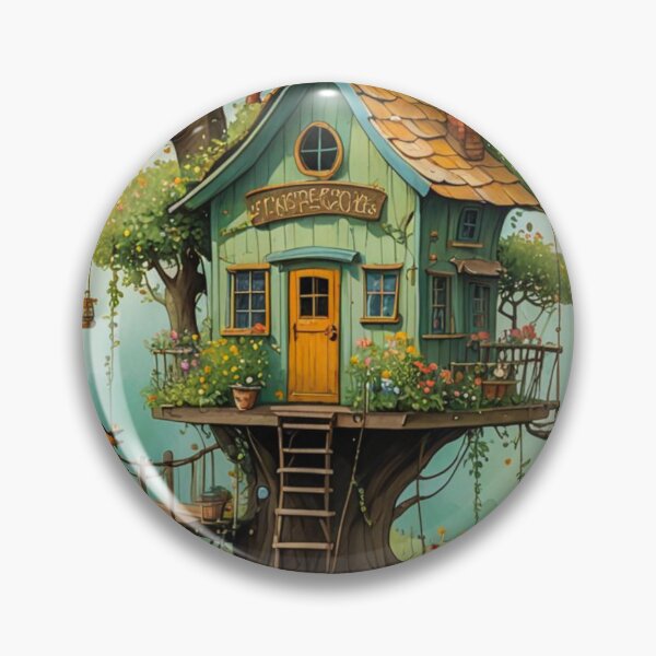 Item preview, The Hideout Cute Fantasy Wooden Tree House in the Meadow With Spring Flowers and Dandelions Garden - Whimsical Illustration designed and sold by MyArt23.