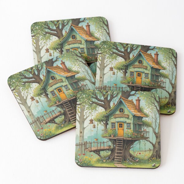 Item preview, The Hideout Cute Fantasy Wooden Tree House in the Meadow With Spring Flowers and Dandelions Garden - Whimsical Illustration designed and sold by MyArt23.