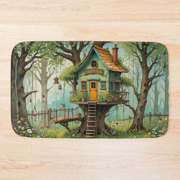 Item preview, The Hideout Cute Fantasy Wooden Tree House in the Meadow With Spring Flowers and Dandelions Garden - Whimsical Illustration designed and sold by MyArt23.