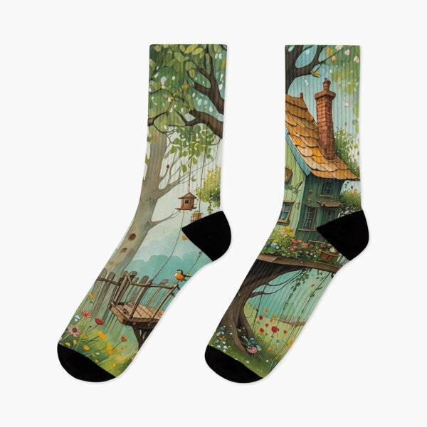 Item preview, The Hideout Cute Fantasy Wooden Tree House in the Meadow With Spring Flowers and Dandelions Garden - Whimsical Illustration designed and sold by MyArt23.