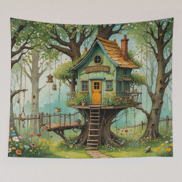 Item preview, The Hideout Cute Fantasy Wooden Tree House in the Meadow With Spring Flowers and Dandelions Garden - Whimsical Illustration designed and sold by MyArt23.