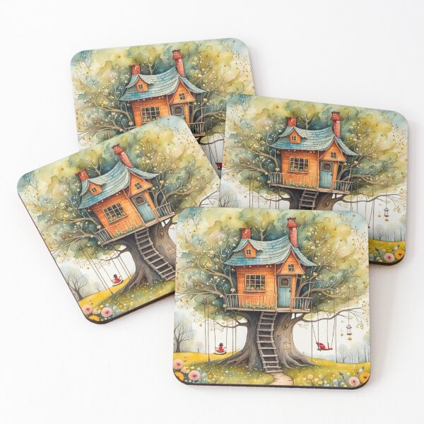 Item preview, The Hideout Cute Fantasy Wooden Tree House in the Meadow With Spring Flowers and Dandelions Garden - Whimsical Illustration designed and sold by MyArt23.