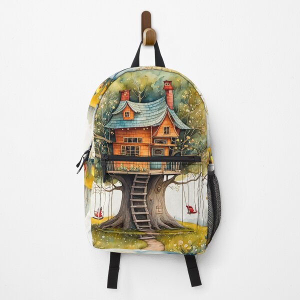 Item preview, The Hideout Cute Fantasy Wooden Tree House in the Meadow With Spring Flowers and Dandelions Garden - Whimsical Illustration designed and sold by MyArt23.