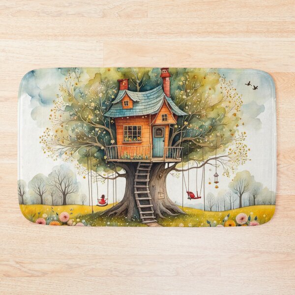 Item preview, The Hideout Cute Fantasy Wooden Tree House in the Meadow With Spring Flowers and Dandelions Garden - Whimsical Illustration designed and sold by MyArt23.