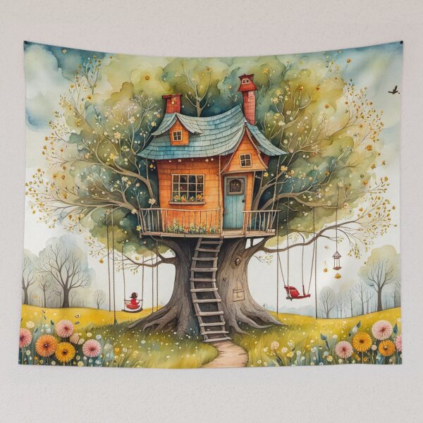 Item preview, The Hideout Cute Fantasy Wooden Tree House in the Meadow With Spring Flowers and Dandelions Garden - Whimsical Illustration designed and sold by MyArt23.