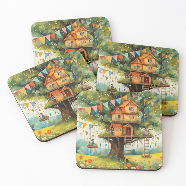 Item preview, The Hideout Cute Fantasy Wooden Tree House in the Meadow With Spring Flowers and Dandelions Garden - Whimsical Illustration designed and sold by MyArt23.