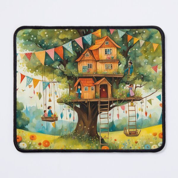Item preview, The Hideout Cute Fantasy Wooden Tree House in the Meadow With Spring Flowers and Dandelions Garden - Whimsical Illustration designed and sold by MyArt23.