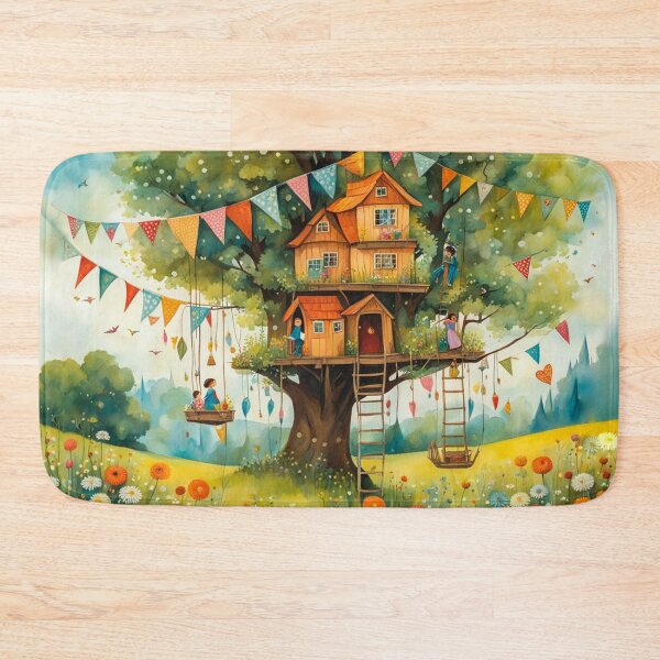 Item preview, The Hideout Cute Fantasy Wooden Tree House in the Meadow With Spring Flowers and Dandelions Garden - Whimsical Illustration designed and sold by MyArt23.