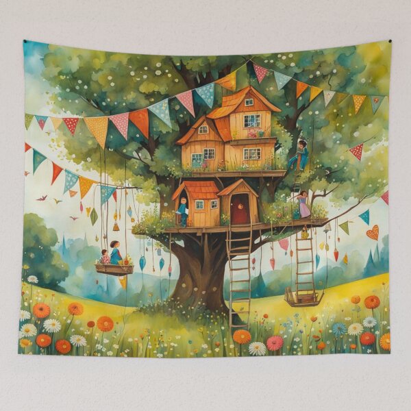 Item preview, The Hideout Cute Fantasy Wooden Tree House in the Meadow With Spring Flowers and Dandelions Garden - Whimsical Illustration designed and sold by MyArt23.