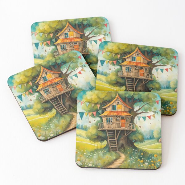 Item preview, The Hideout Cute Fantasy Wooden Tree House in the Meadow With Spring Flowers and Dandelions Garden - Whimsical Illustration designed and sold by MyArt23.